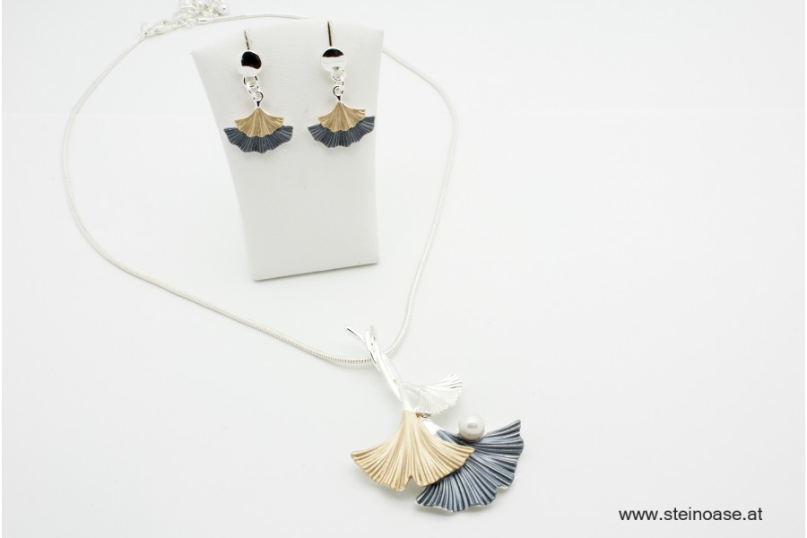 Mode-Collier 'Ginkgo silber-grau-gold'